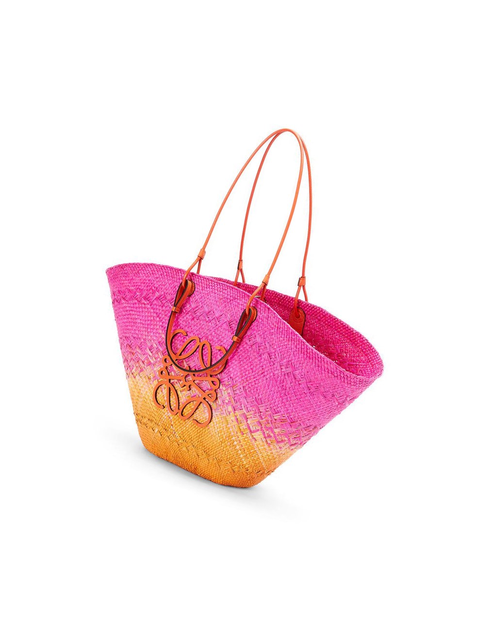 Loewe Large Anagram Basket bag in iraca palm and calfskin Fushia Orange | 4016DYGLW