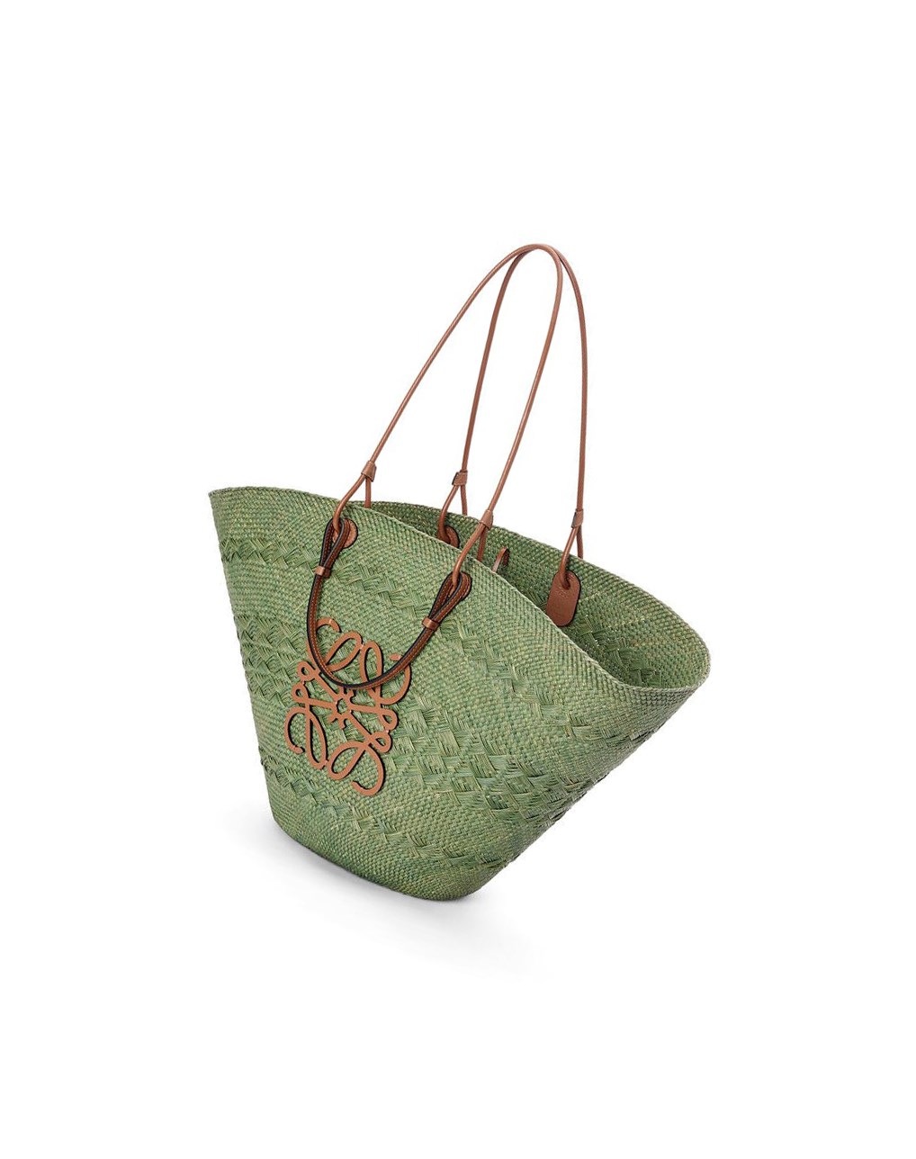 Loewe Large Anagram Basket bag in iraca palm and calfskin Vert | 8374XQDFJ