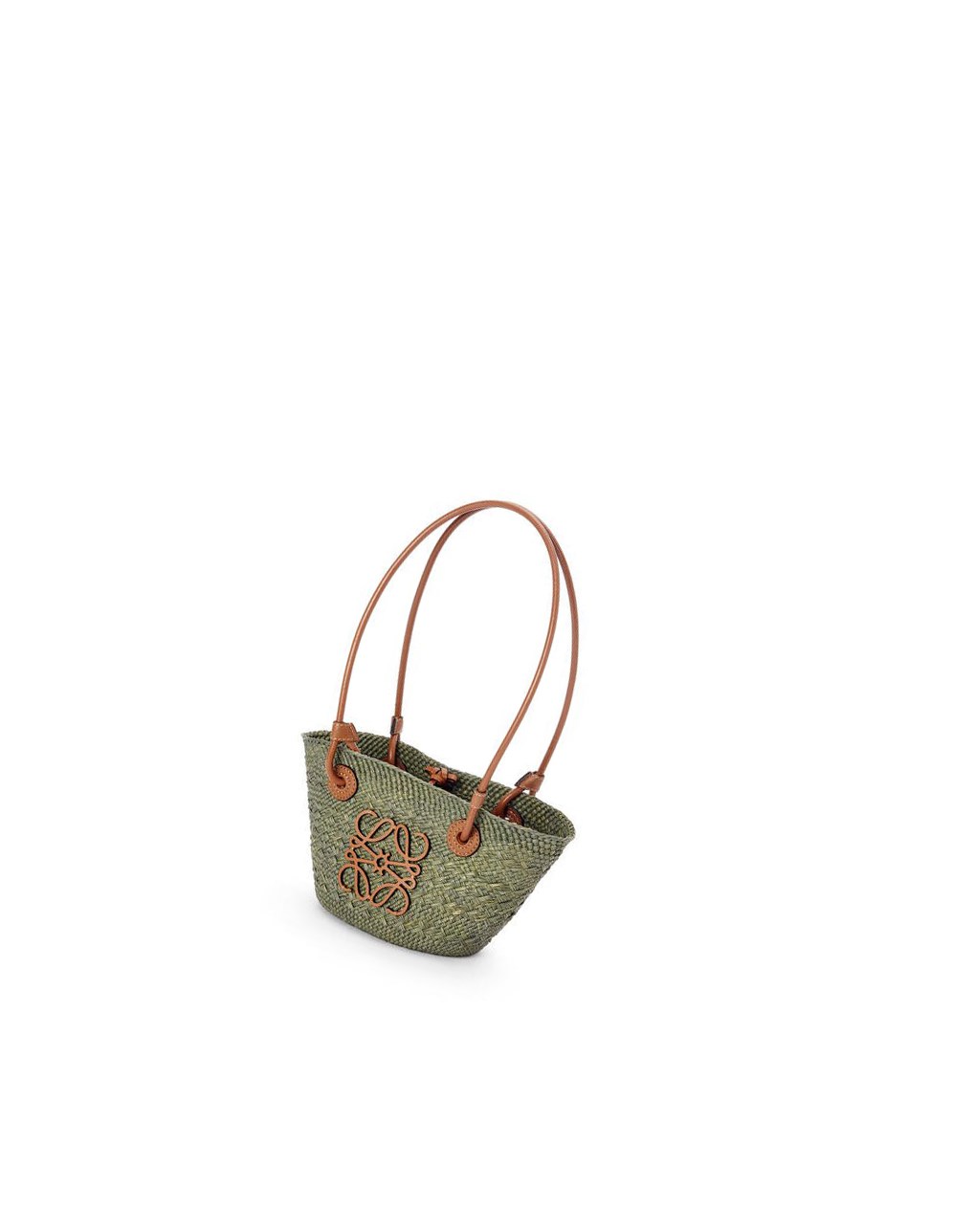 Loewe Mini Anagram Basket bag in iraca palm and calfskin Kaki Vert | 2987ZMHRE