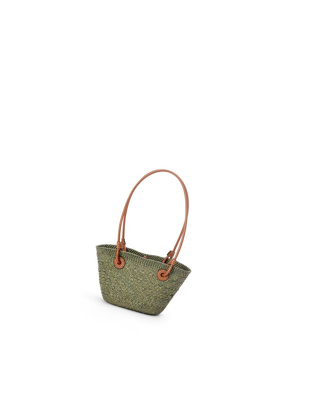 Loewe Mini Anagram Basket bag in iraca palm and calfskin Kaki Vert | 2987ZMHRE