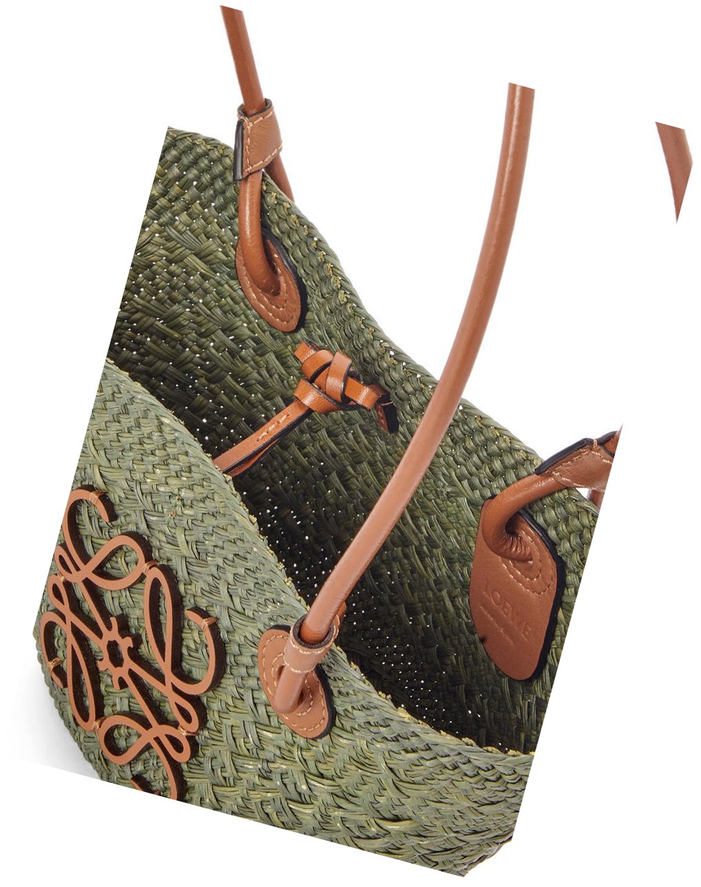 Loewe Mini Anagram Basket bag in iraca palm and calfskin Kaki Vert | 2987ZMHRE