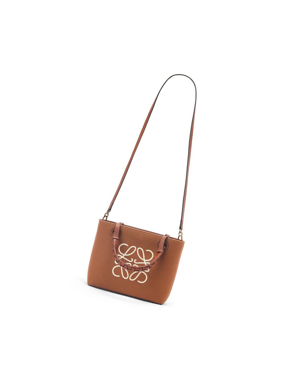 Loewe Mini Anagram Tote bag in jacquard and calfskin Tan / Pecan | 2873NYFHR