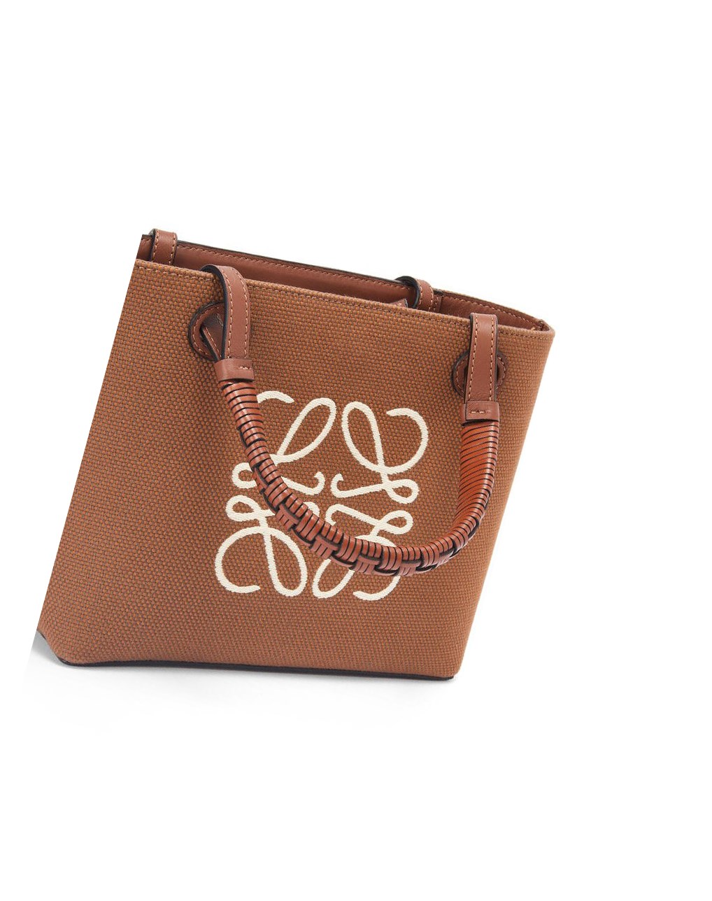 Loewe Mini Anagram Tote bag in jacquard and calfskin Tan / Pecan | 9078OJNKM