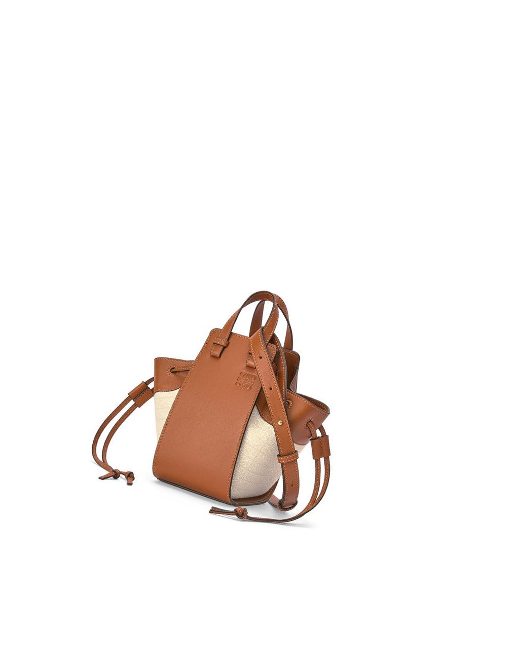 Loewe Mini Hammock drawstring bag in Anagram jacquard and calfskin Ecru / Tan | 5102RQYCM