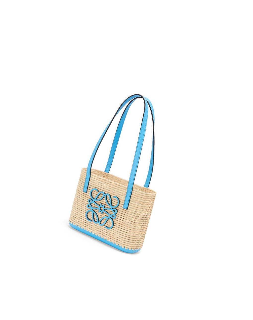 Loewe Mini Square Basket bag in raffia and calfskin Bleu | 1275QVUOD