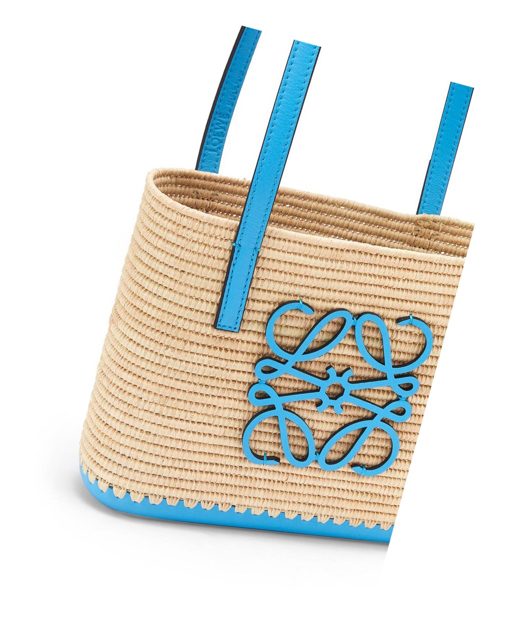 Loewe Mini Square Basket bag in raffia and calfskin Bleu | 1275QVUOD