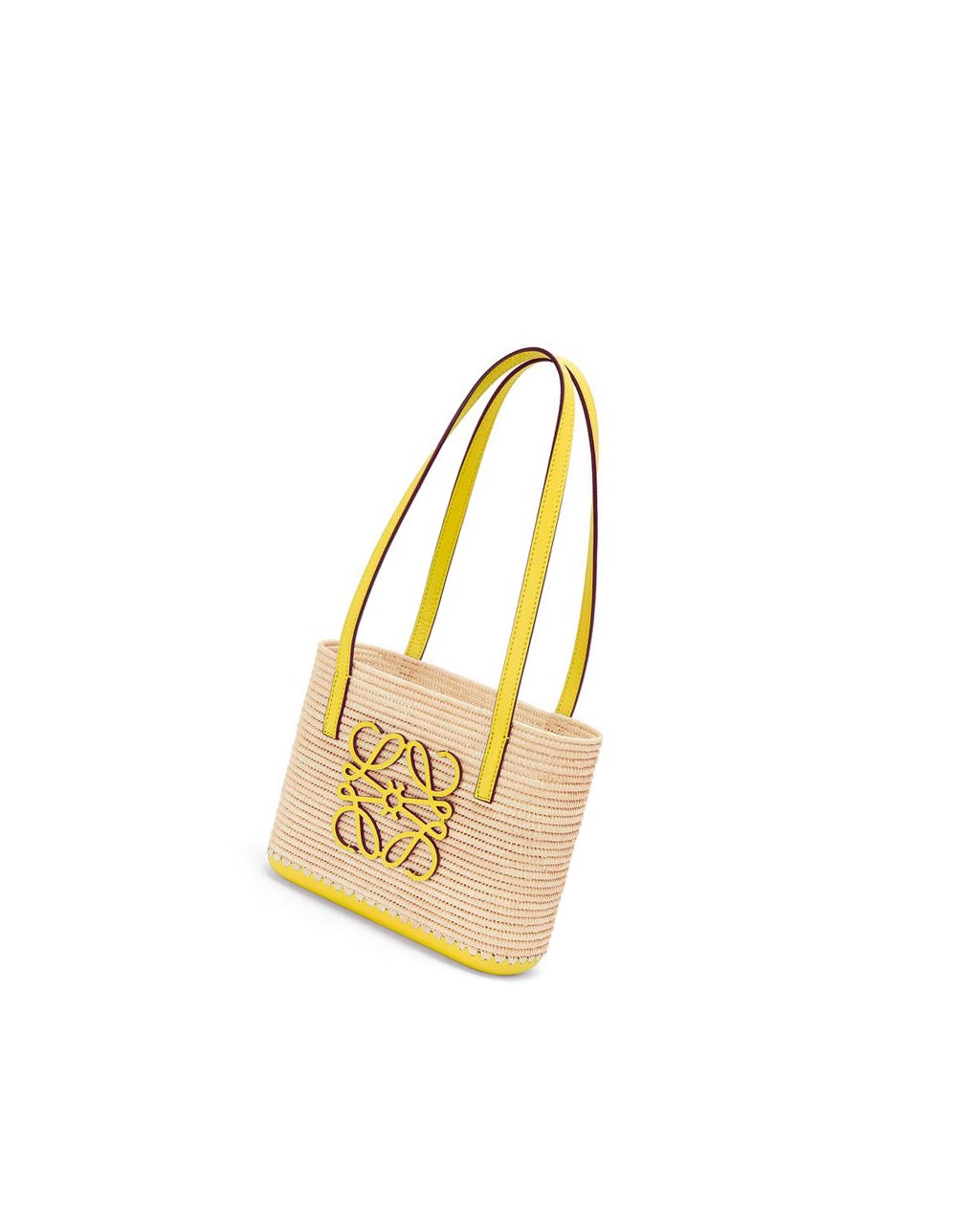 Loewe Mini Square Basket bag in raffia and calfskin Citron | 1809CZYAP