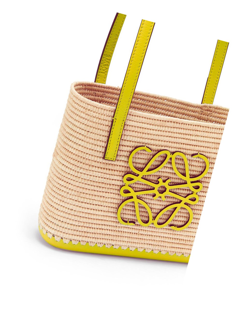 Loewe Mini Square Basket bag in raffia and calfskin Citron | 1809CZYAP