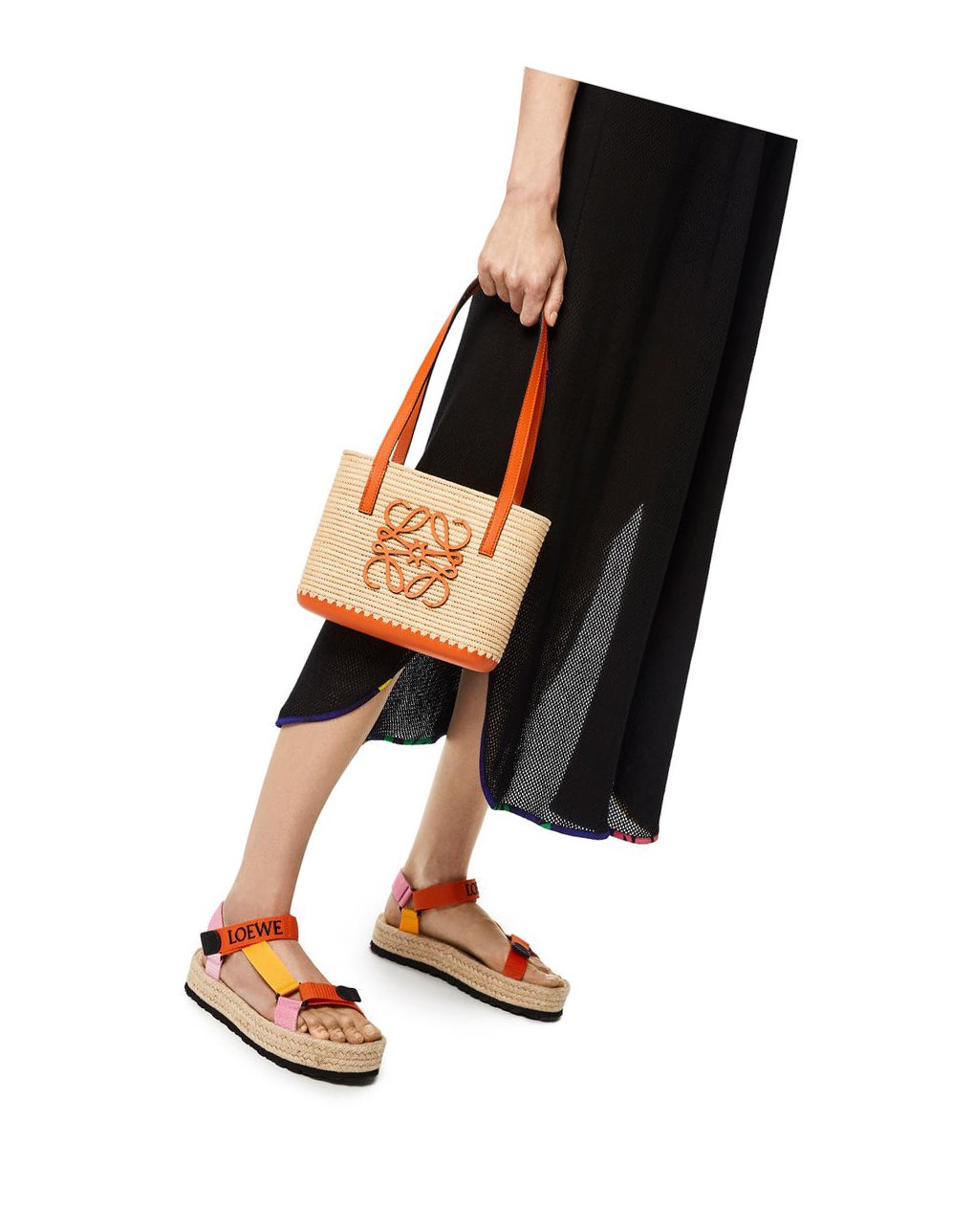 Loewe Mini Square Basket bag in raffia and calfskin Orange | 5032HNIDZ