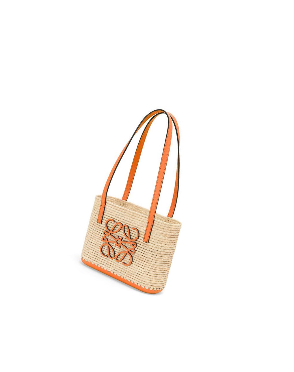 Loewe Mini Square Basket bag in raffia and calfskin Orange | 5032HNIDZ