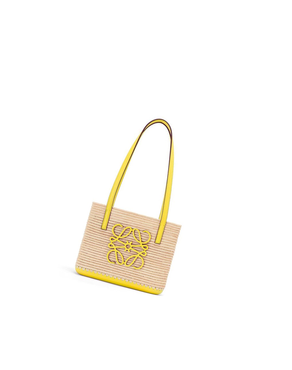 Loewe Mini Square Basket bag in raffia and calfskin Citron | 8431LKTAC