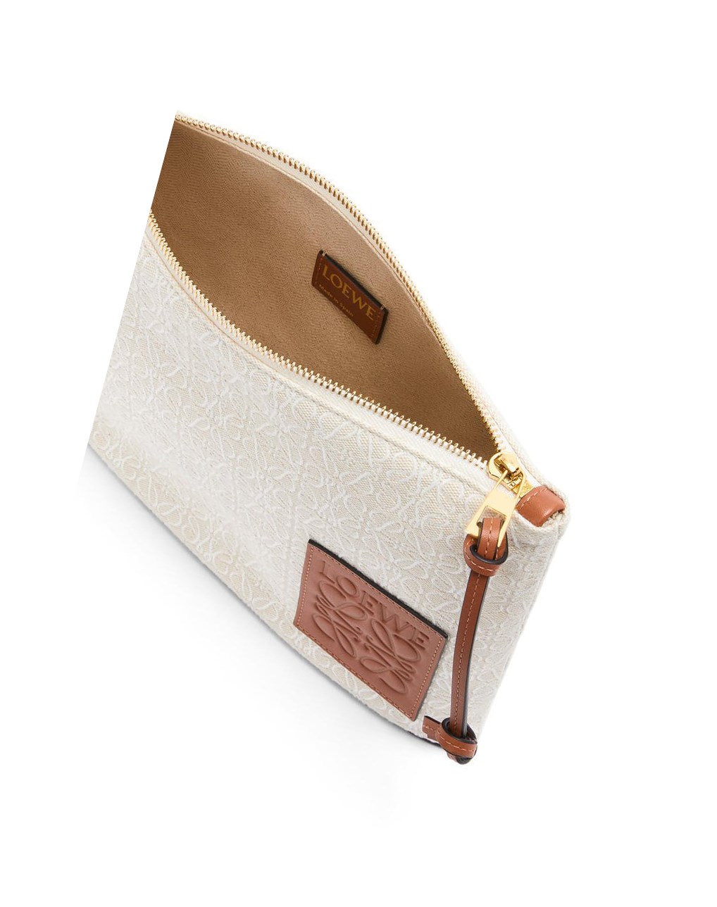 Loewe Oblong pouch in Anagram jacquard and calfskin Ecru / Tan | 1586CUKYB