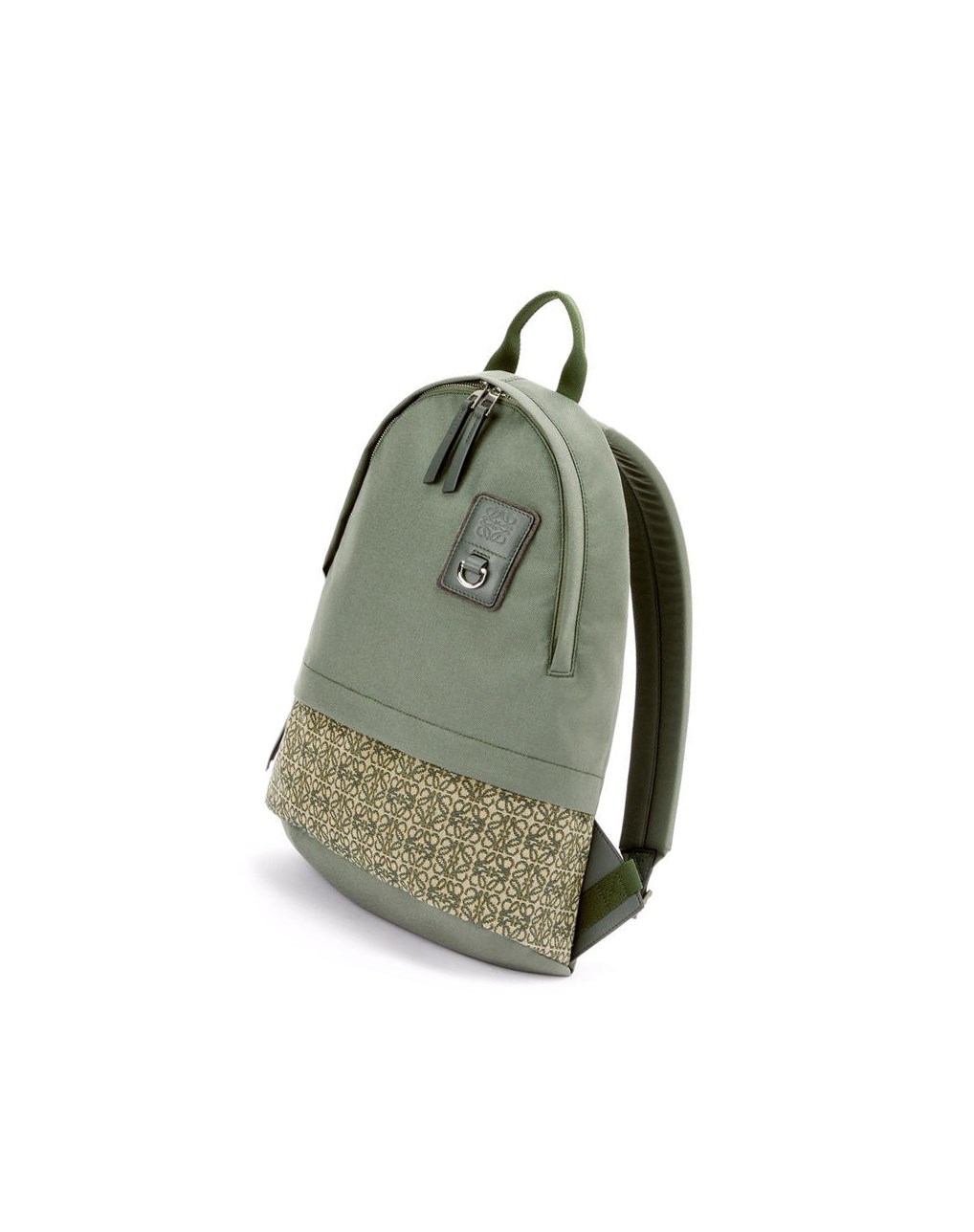 Loewe Round Slim Backpack in canvas and Anagram jacquard Kaki Vert | 3706AJDOL