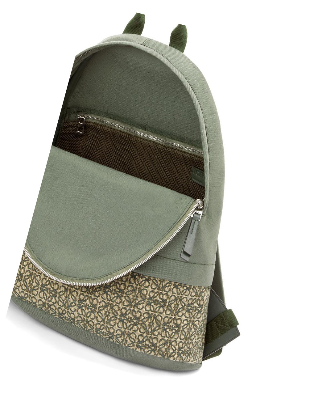 Loewe Round Slim Backpack in canvas and Anagram jacquard Kaki Vert | 3706AJDOL