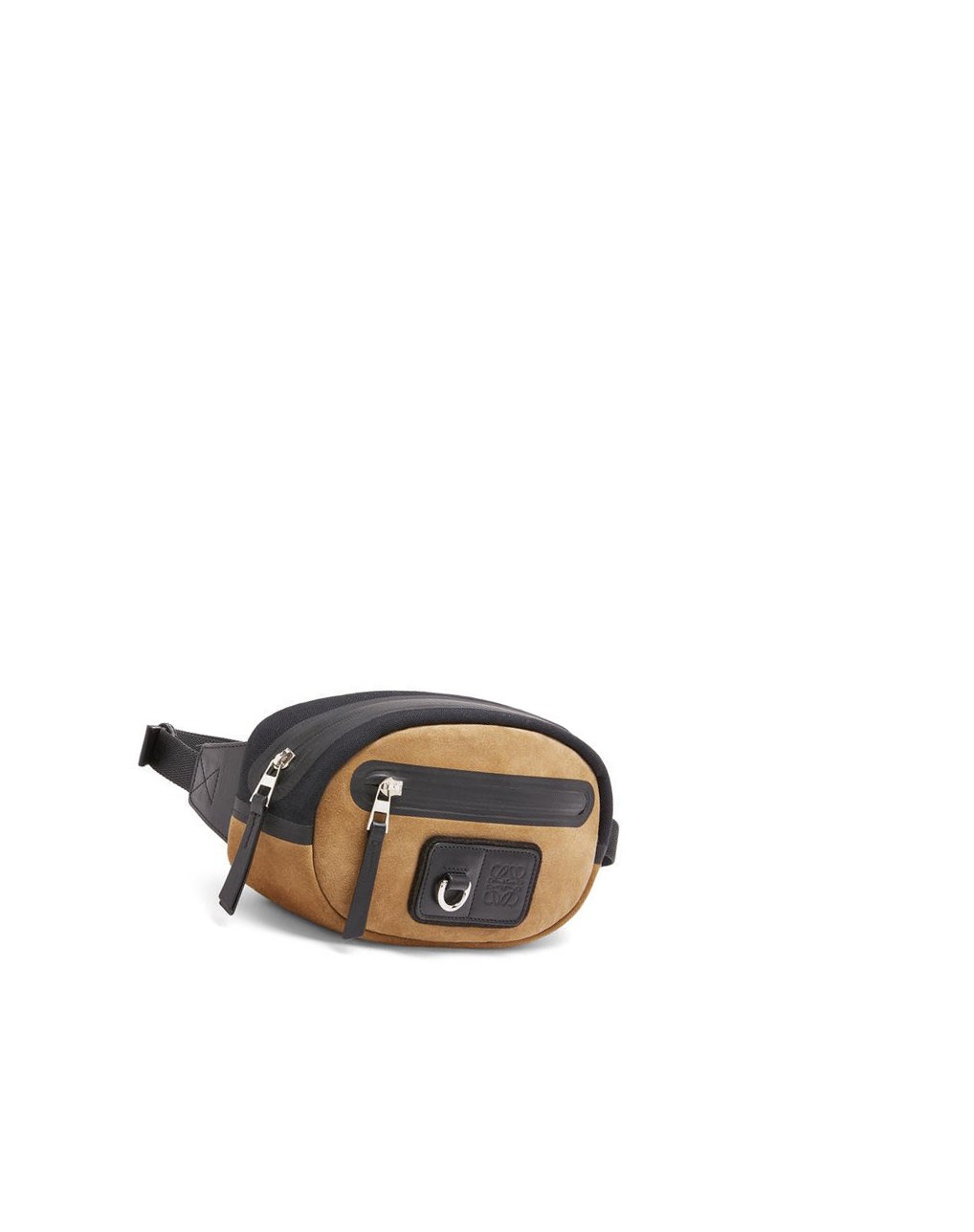 Loewe Round bumbag in recycled canvas and suede Noir Doré Foncé | 5896HGZDL