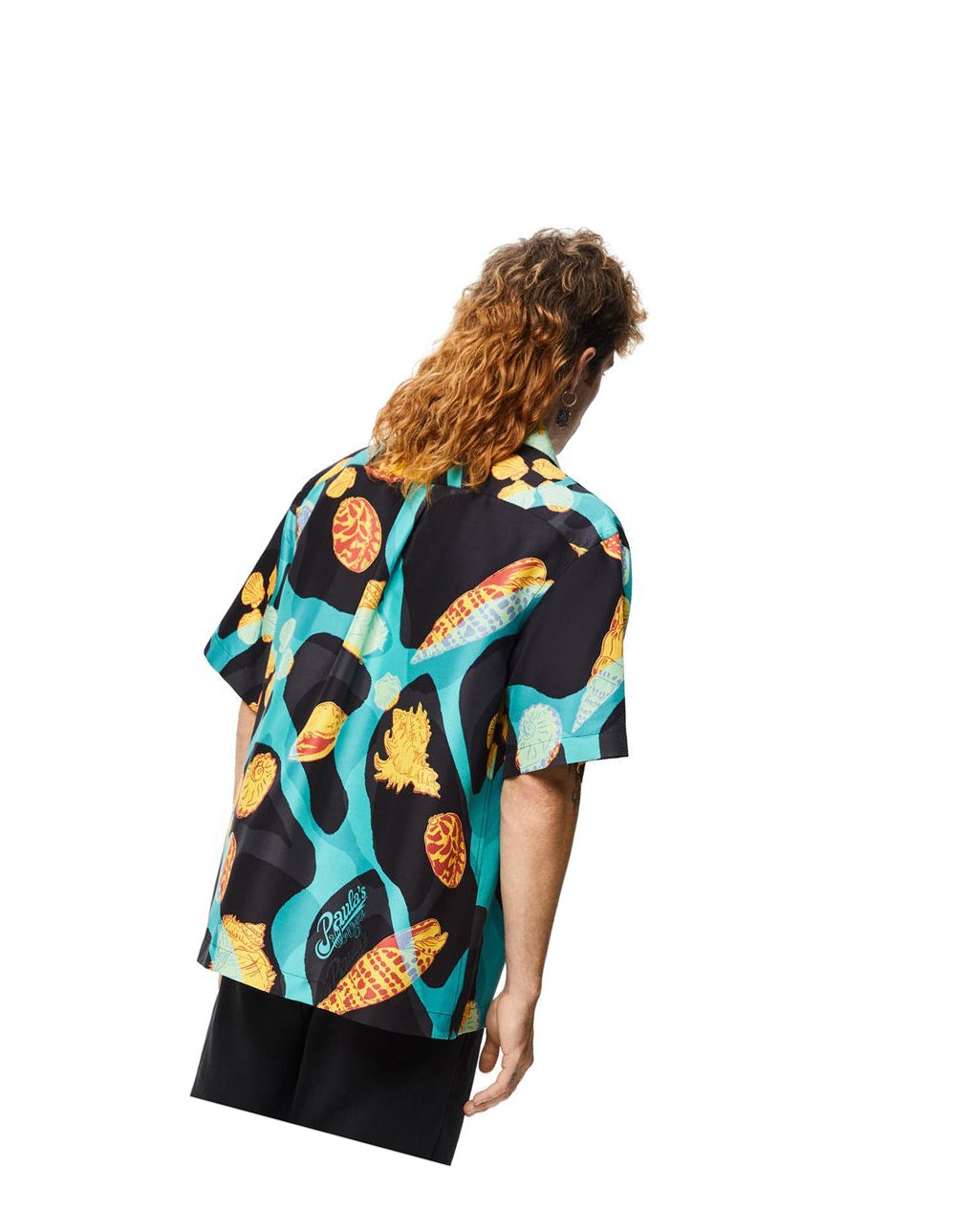 Loewe Shell print bowling shirt in silk Noir Turquoise | 5729UXRGW