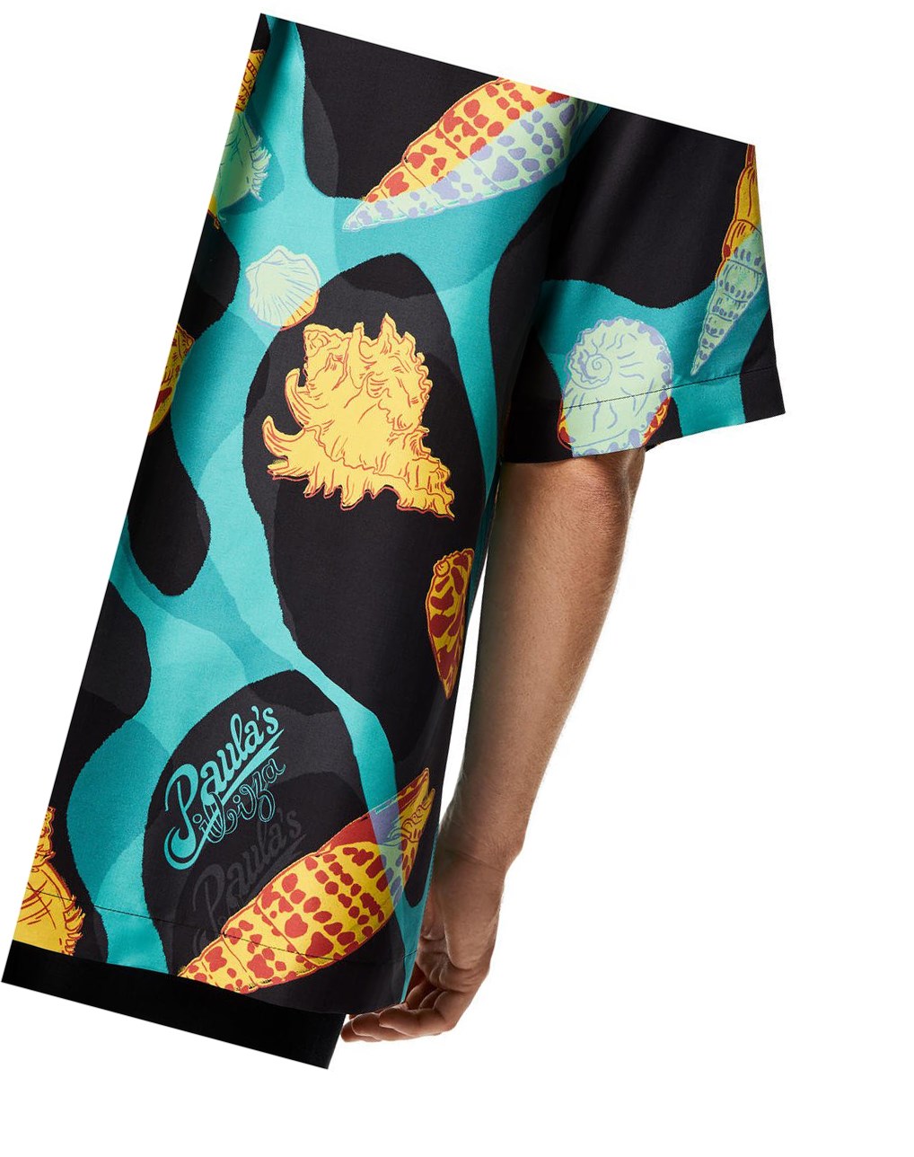 Loewe Shell print bowling shirt in silk Noir Turquoise | 5729UXRGW