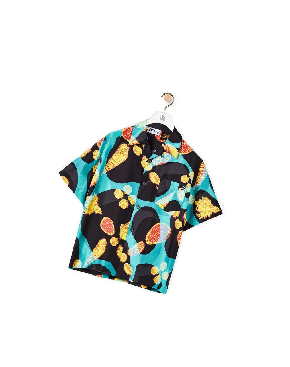 Loewe Shell print bowling shirt in silk Noir Turquoise | 5729UXRGW