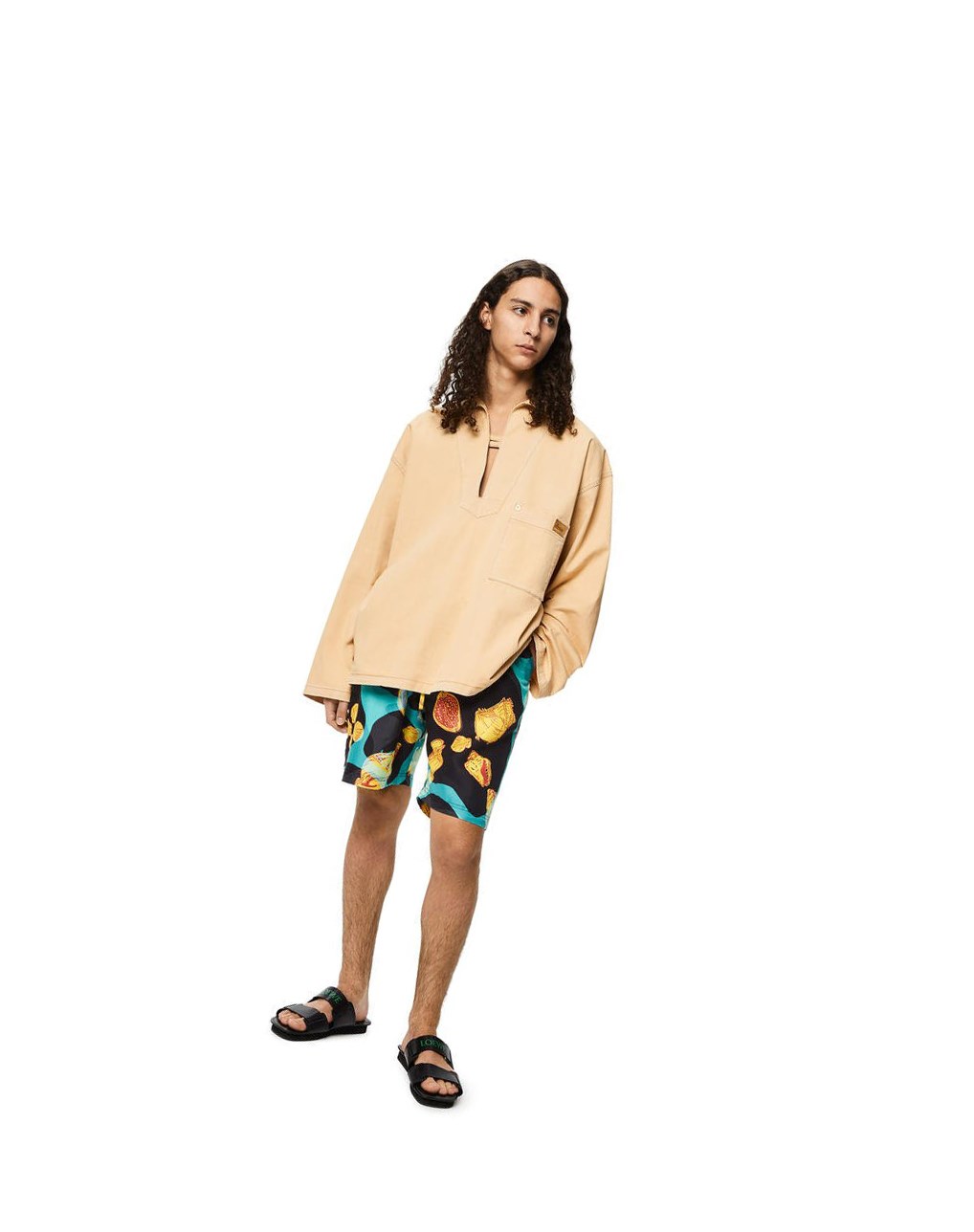 Loewe Shell print drawstring shorts in silk Noir Turquoise | 2763ZHEOU