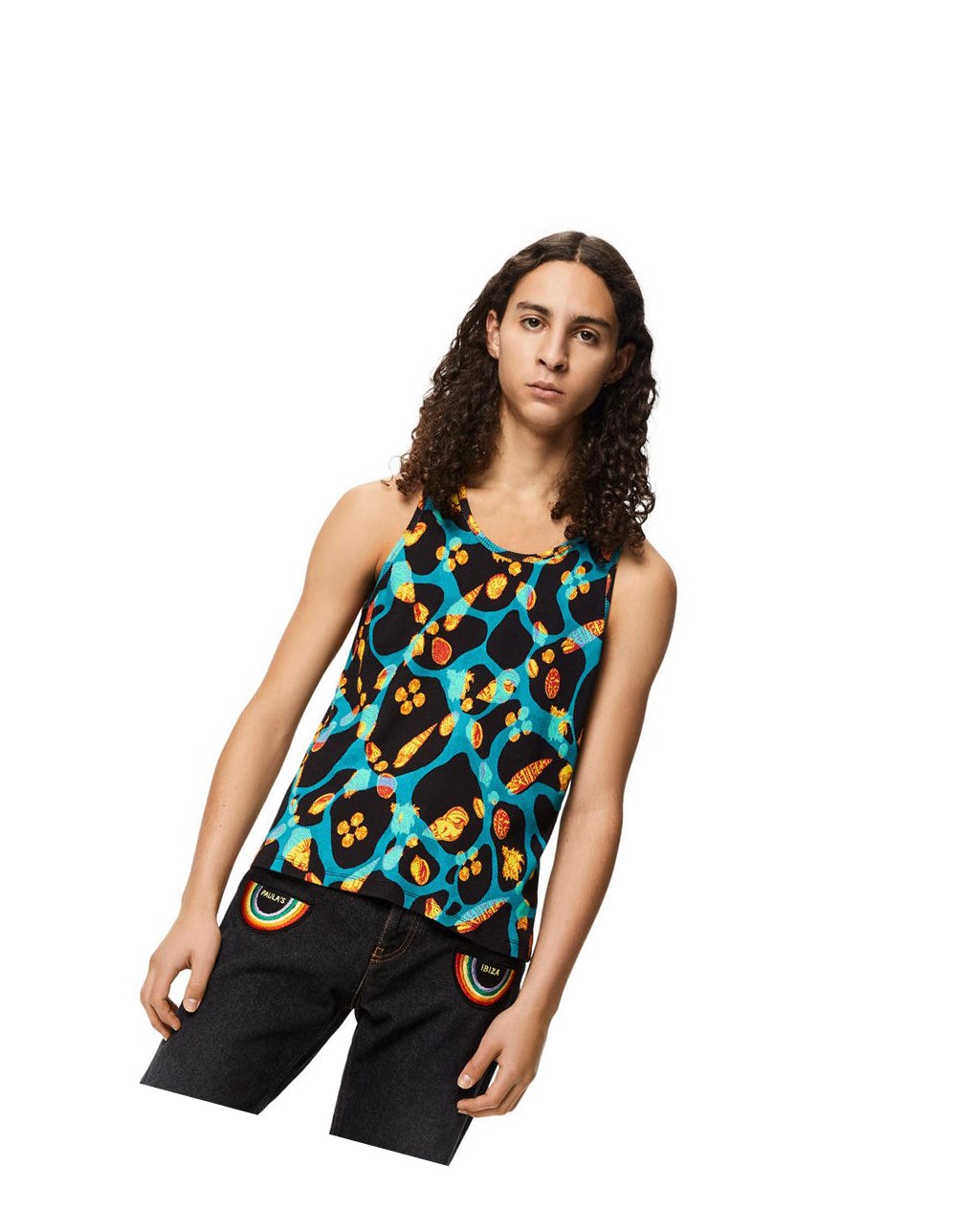 Loewe Shell print tank top in cotton Noir Turquoise | 7293VCYOI