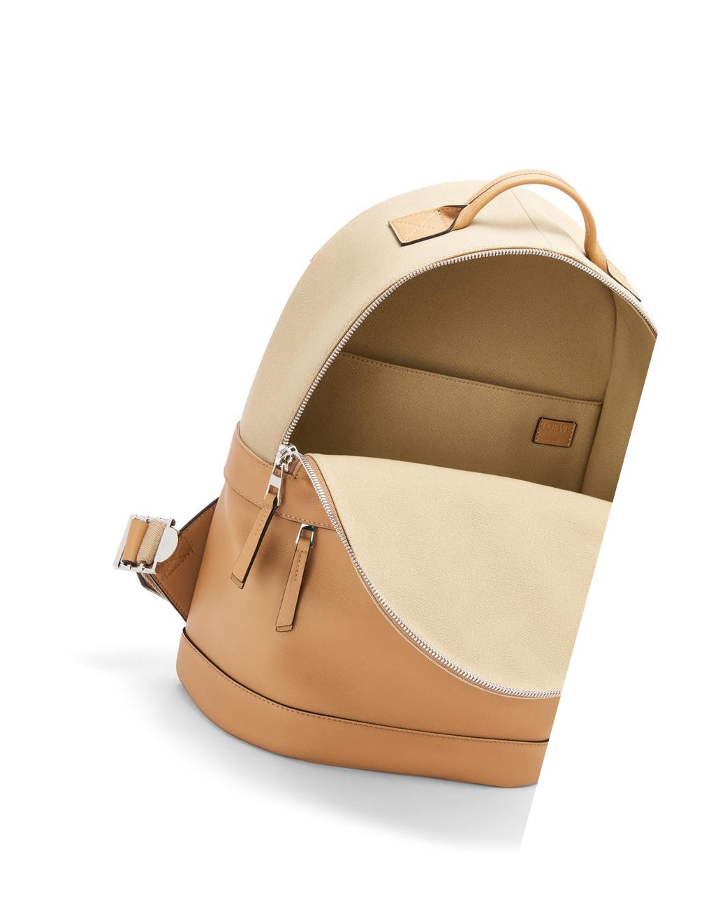 Loewe Signature Round backpack in canvas and classic calfskin Creta / Warm Desert | 7469LBWTY