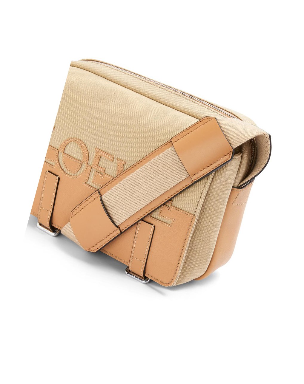 Loewe Signature XS Military messenger bag in canvas and classic calfskin Creta / Warm Desert | 8493PHBOI