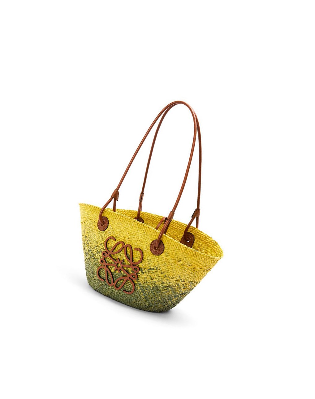 Loewe Small Anagram Basket bag in iraca palm and calfskin Kaki Vert Jaune | 0647JHSGO