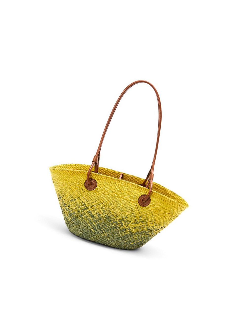 Loewe Small Anagram Basket bag in iraca palm and calfskin Kaki Vert Jaune | 0647JHSGO