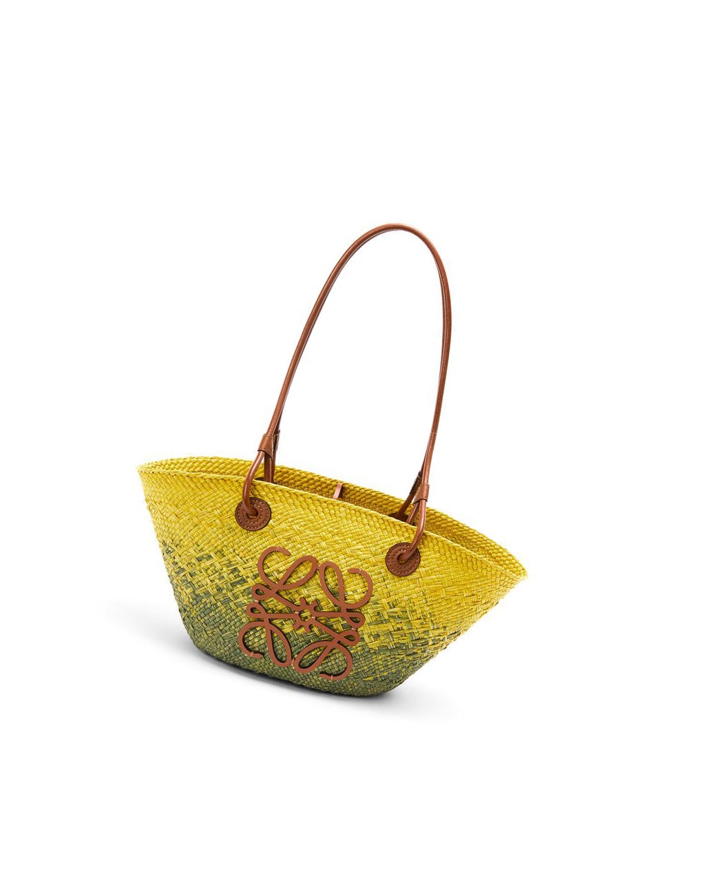 Loewe Small Anagram Basket bag in iraca palm and calfskin Kaki Vert Jaune | 0647JHSGO