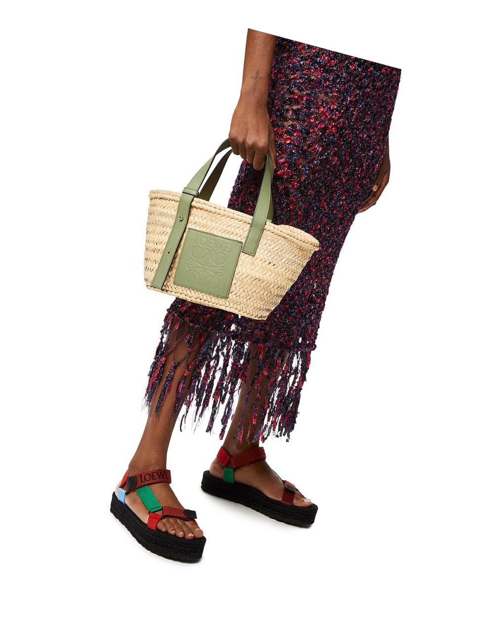 Loewe Small Basket bag in palm leaf and calfskin Natural / Rosemary | 0182GMWFE