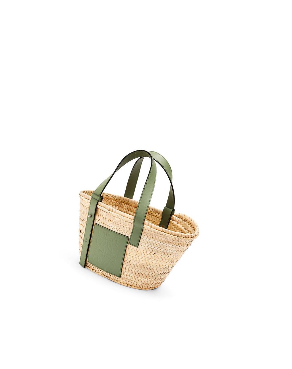 Loewe Small Basket bag in palm leaf and calfskin Natural / Rosemary | 0182GMWFE