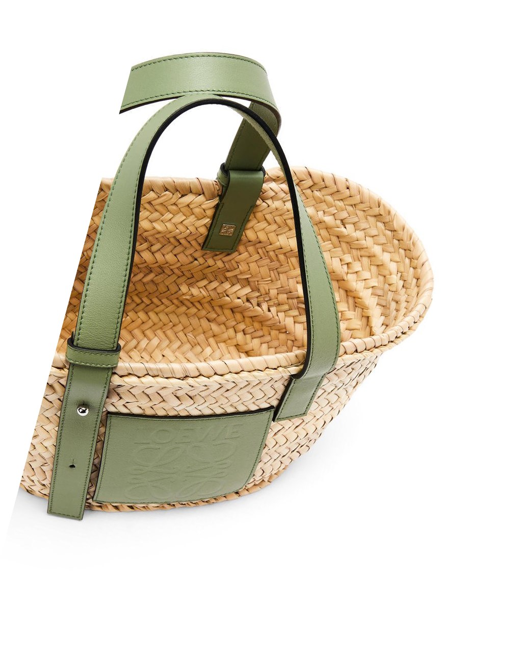 Loewe Small Basket bag in palm leaf and calfskin Natural / Rosemary | 0182GMWFE