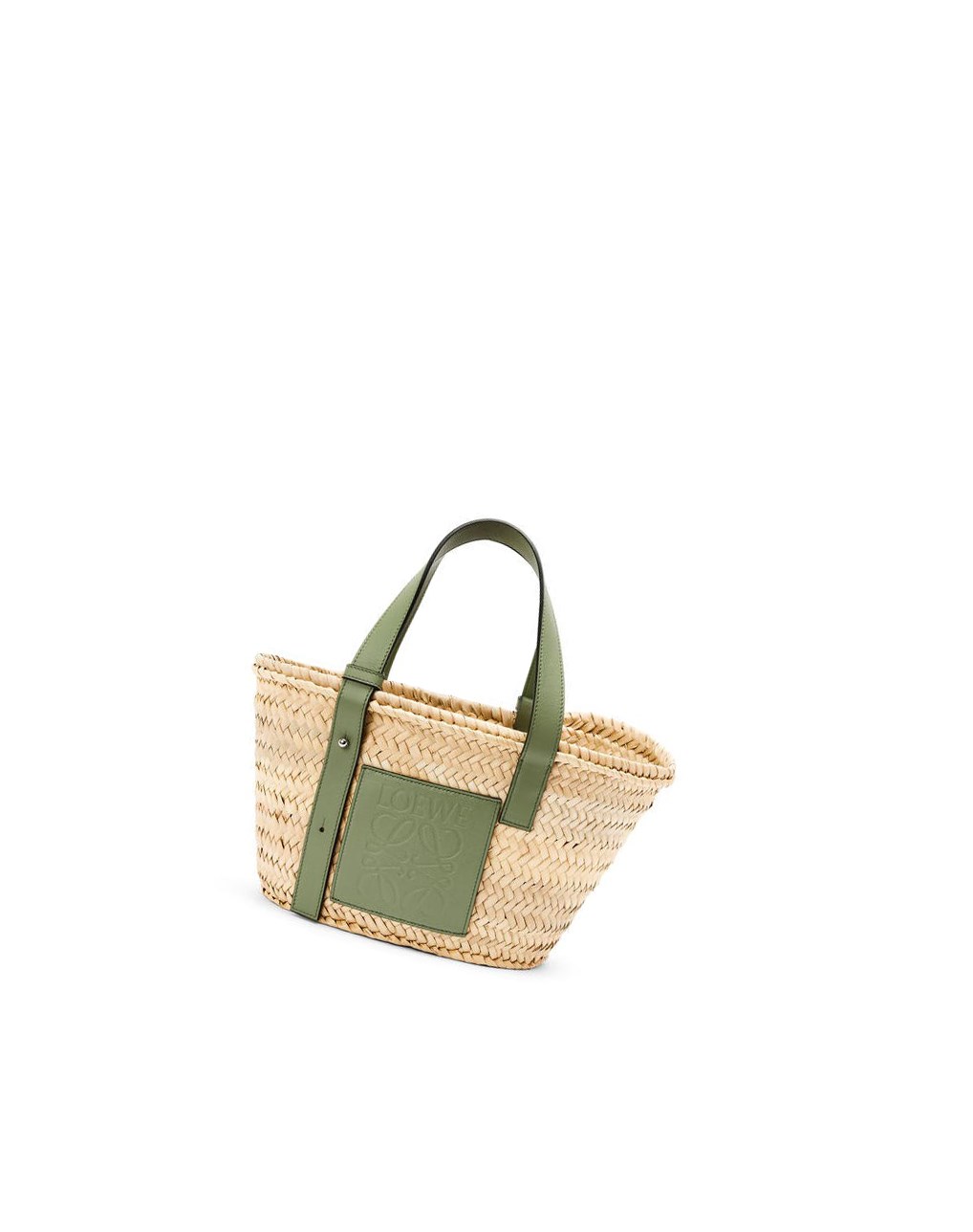 Loewe Small Basket bag in palm leaf and calfskin Natural / Rosemary | 0182GMWFE