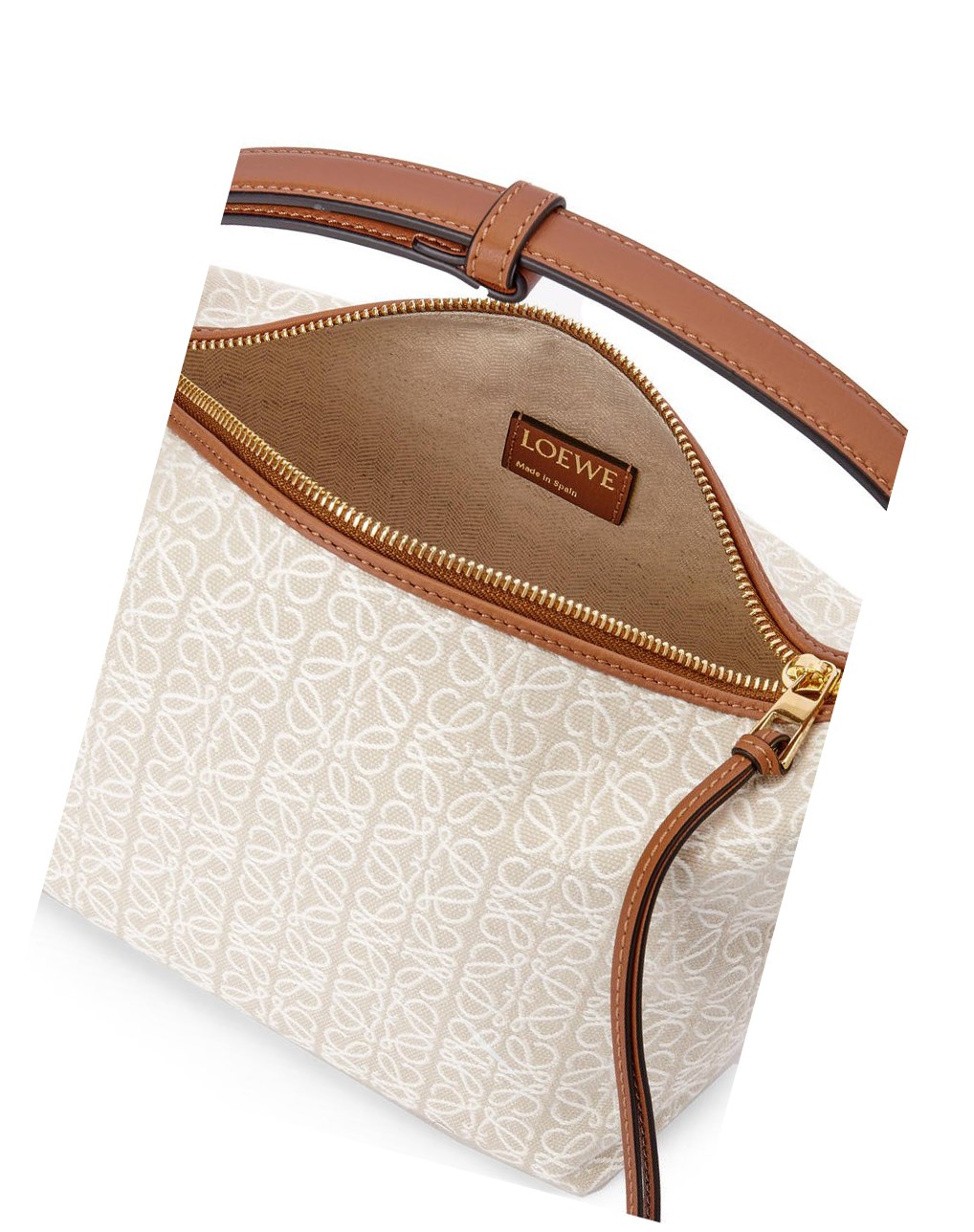 Loewe Small Cubi bag in Anagram jacquard and calfskin Ecru / Tan | 8250WCAHE