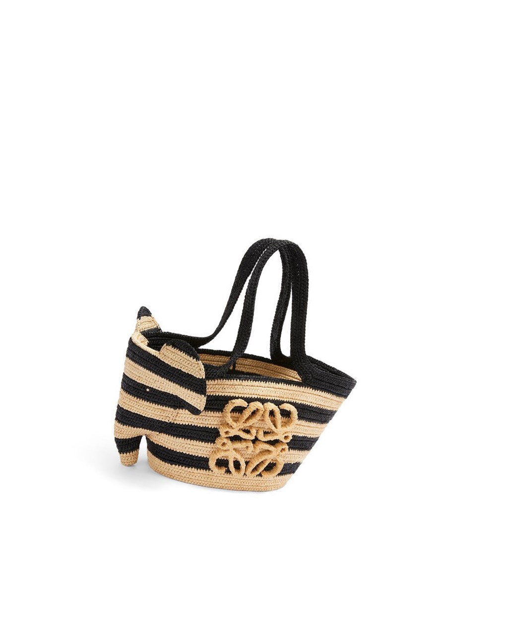 Loewe Small Elephant Basket bag in striped raffia and calfskin Noir | 0368BXRWC