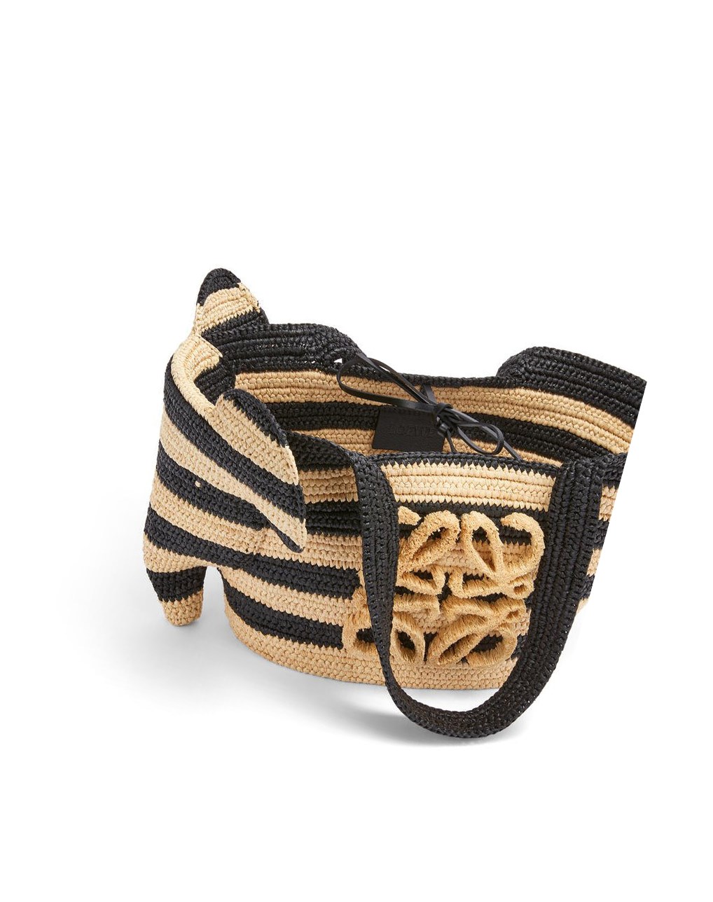 Loewe Small Elephant Basket bag in striped raffia and calfskin Noir | 0368BXRWC