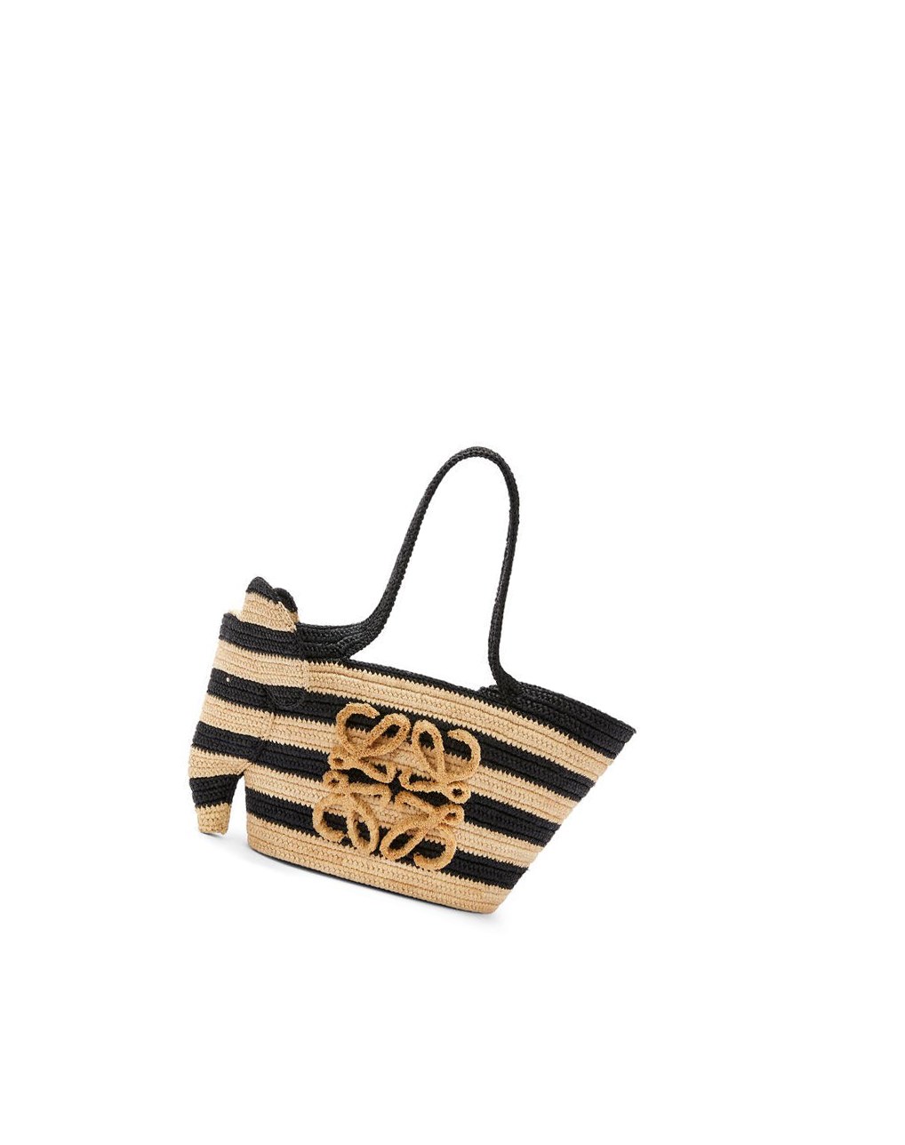 Loewe Small Elephant Basket bag in striped raffia and calfskin Noir | 0368BXRWC