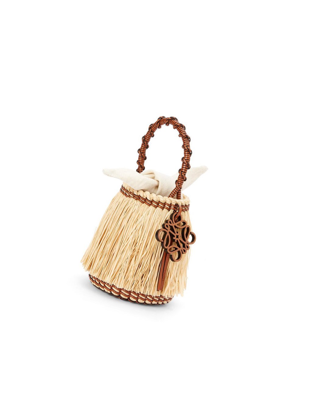 Loewe Small Frayed Bucket bag in raffia and calfskin Natural / Tan | 2507IBVWD