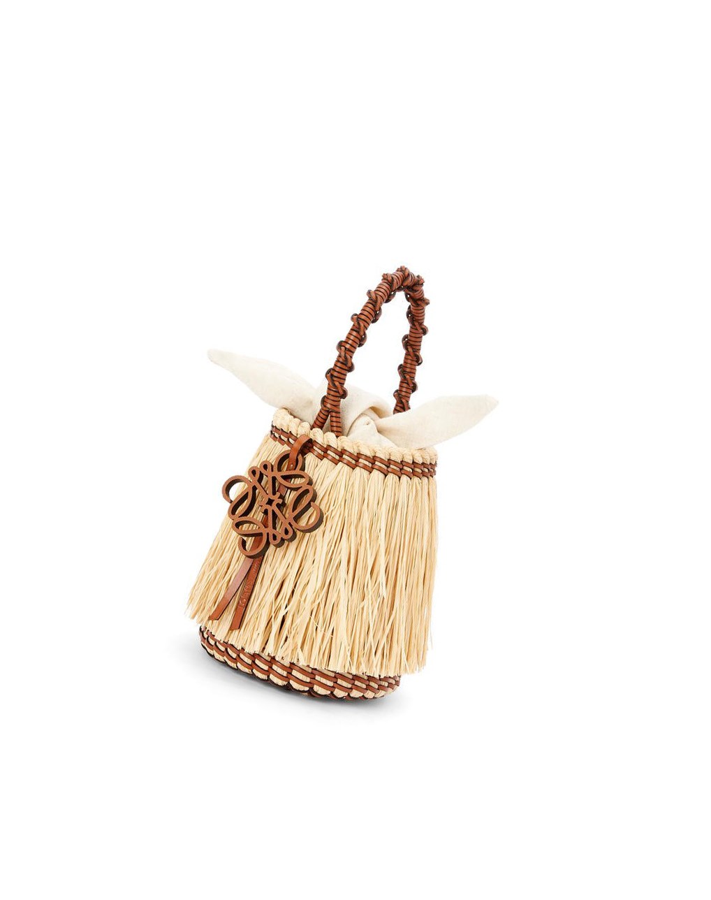 Loewe Small Frayed Bucket bag in raffia and calfskin Natural / Tan | 2507IBVWD