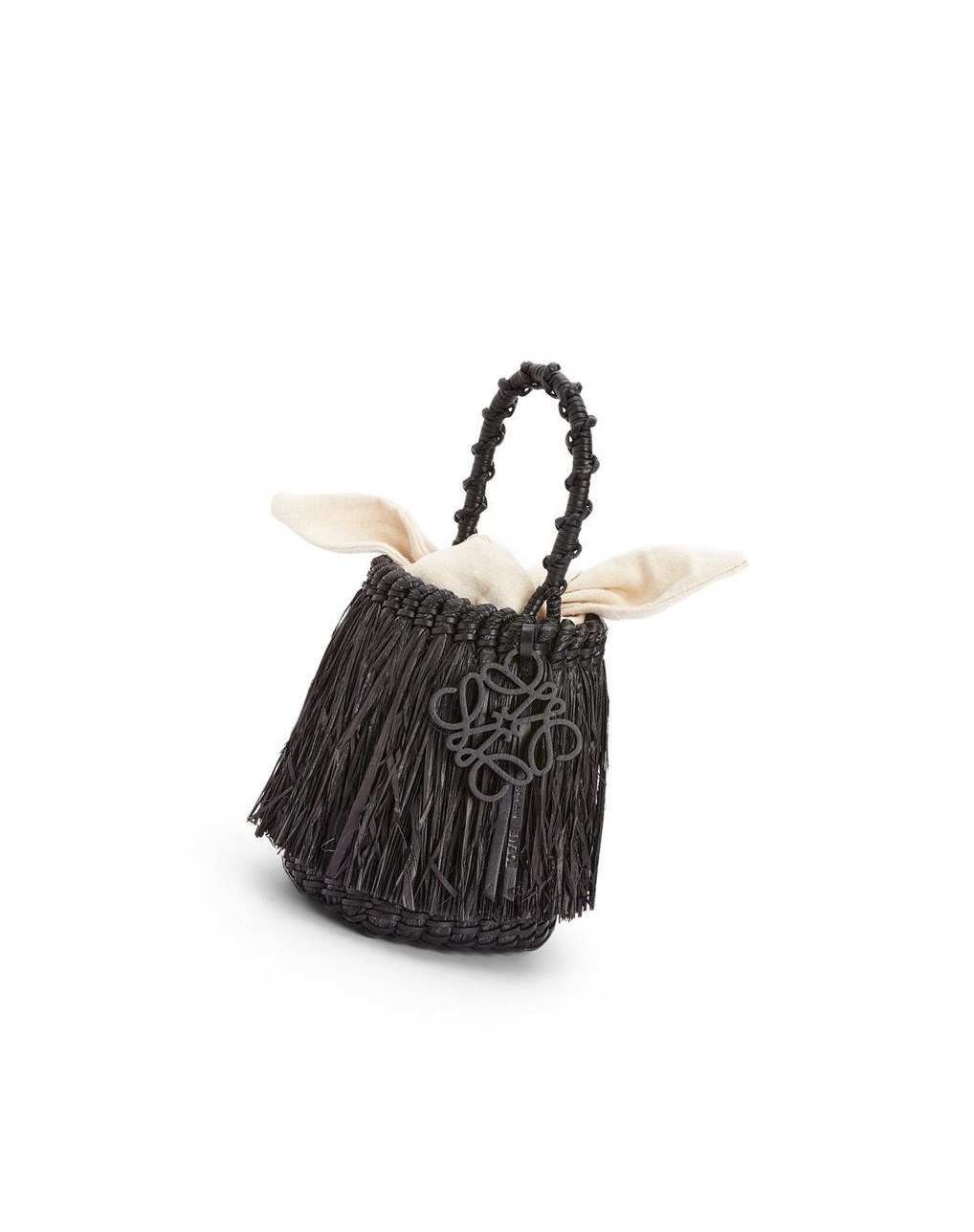 Loewe Small Frayed Bucket bag in raffia and calfskin Noir | 8746MLFVK