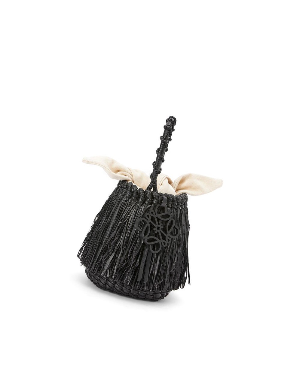 Loewe Small Frayed Bucket bag in raffia and calfskin Noir | 8746MLFVK