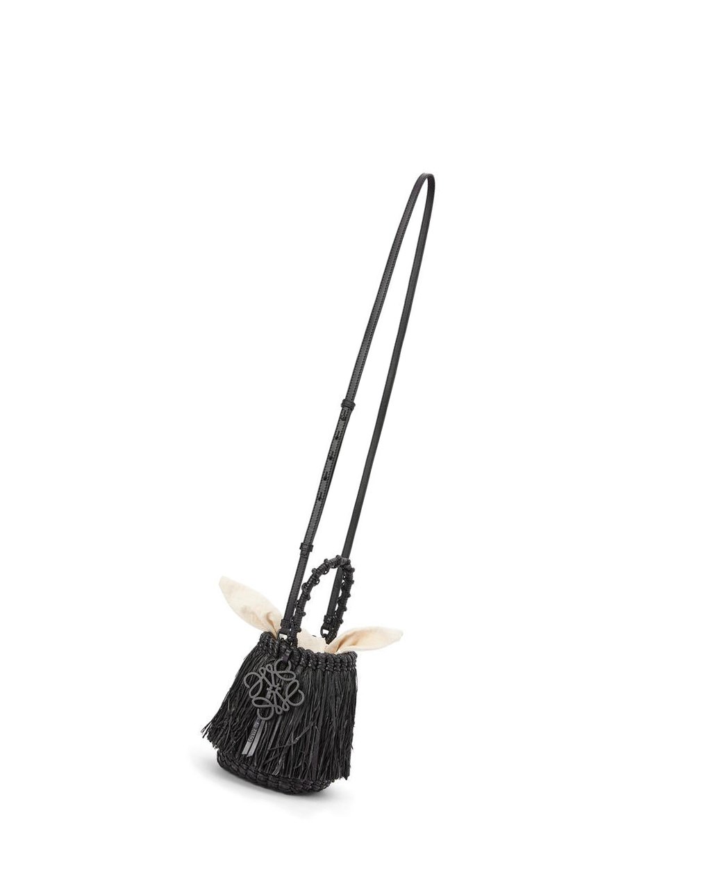 Loewe Small Frayed Bucket bag in raffia and calfskin Noir | 8746MLFVK