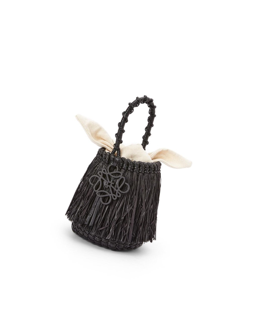 Loewe Small Frayed Bucket bag in raffia and calfskin Noir | 8746MLFVK