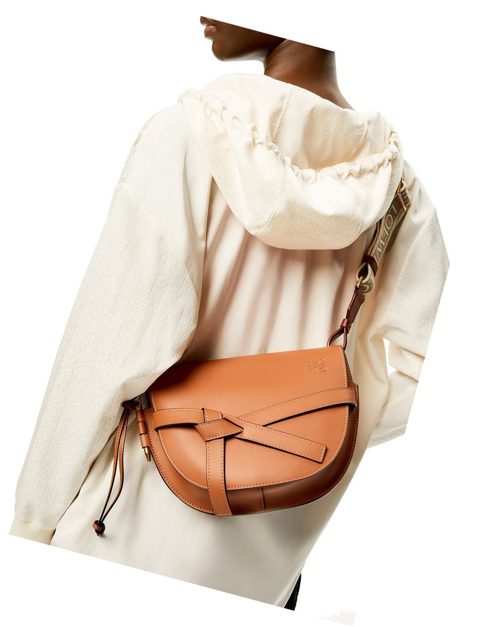 Loewe Small Gate bag in soft calfskin and jacquard Tan | 1046BWOJN