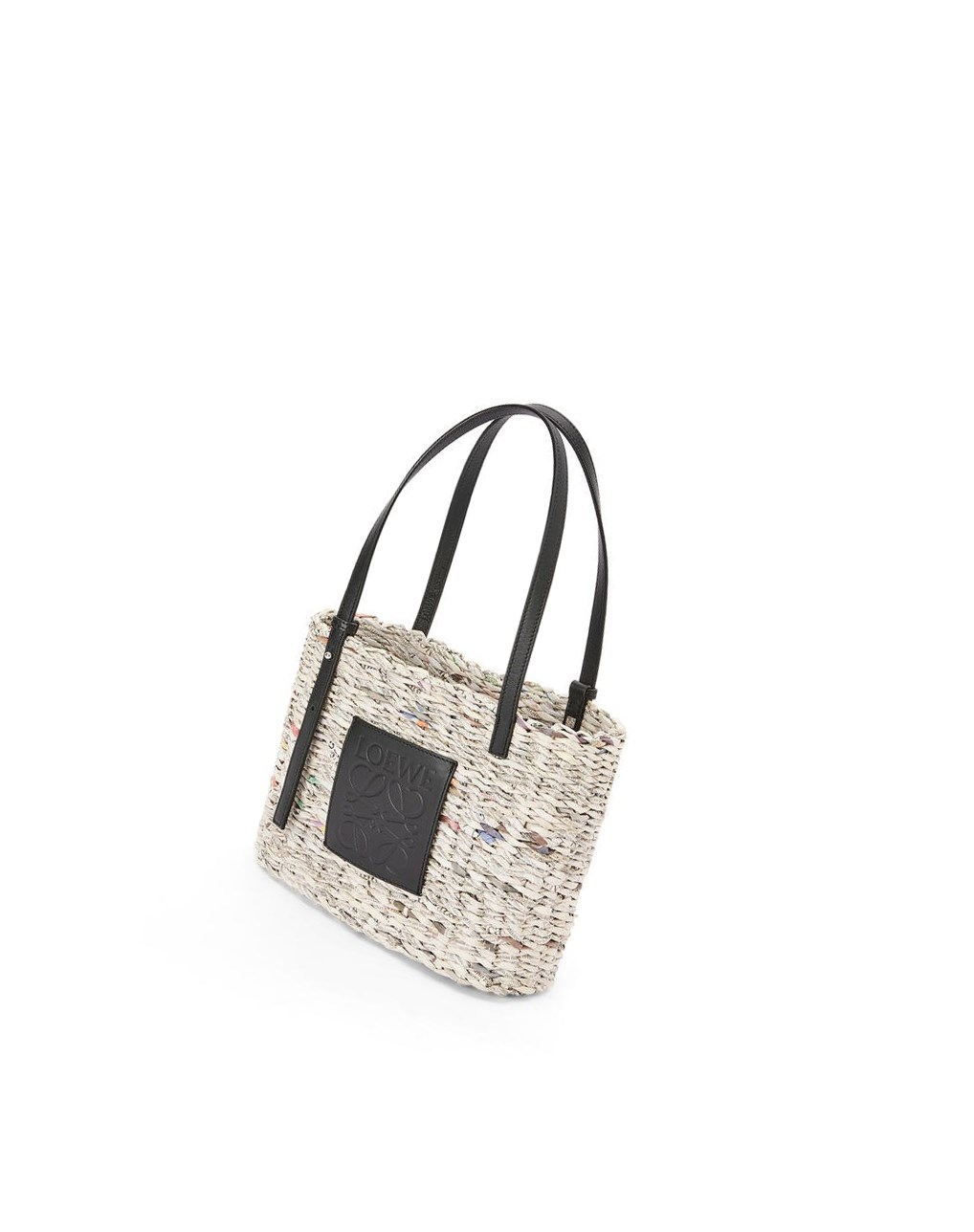 Loewe Small Newspaper Square Basket bag in paper and calfskin Noir Multicolore | 9035NRLJQ