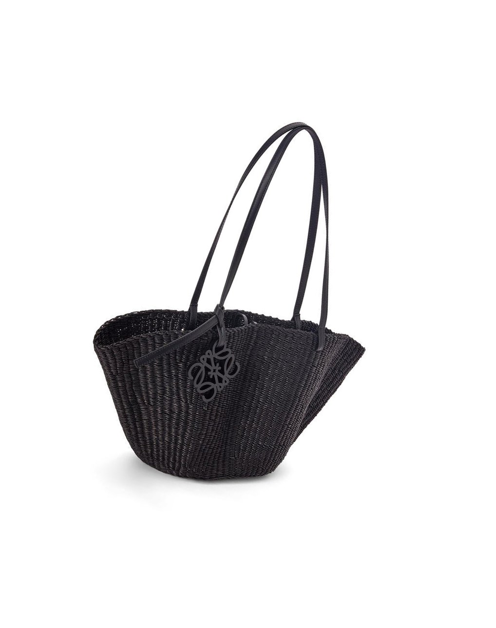 Loewe Small Shell Basket bag in elephant grass and calfskin Noir Noir | 6243ONXIY