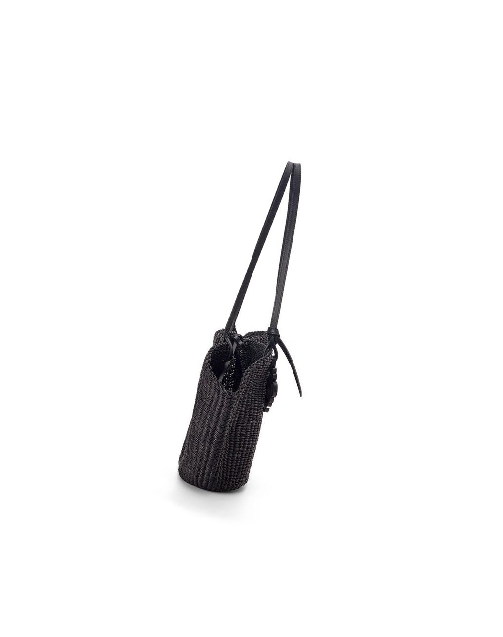 Loewe Small Shell Basket bag in elephant grass and calfskin Noir Noir | 6243ONXIY