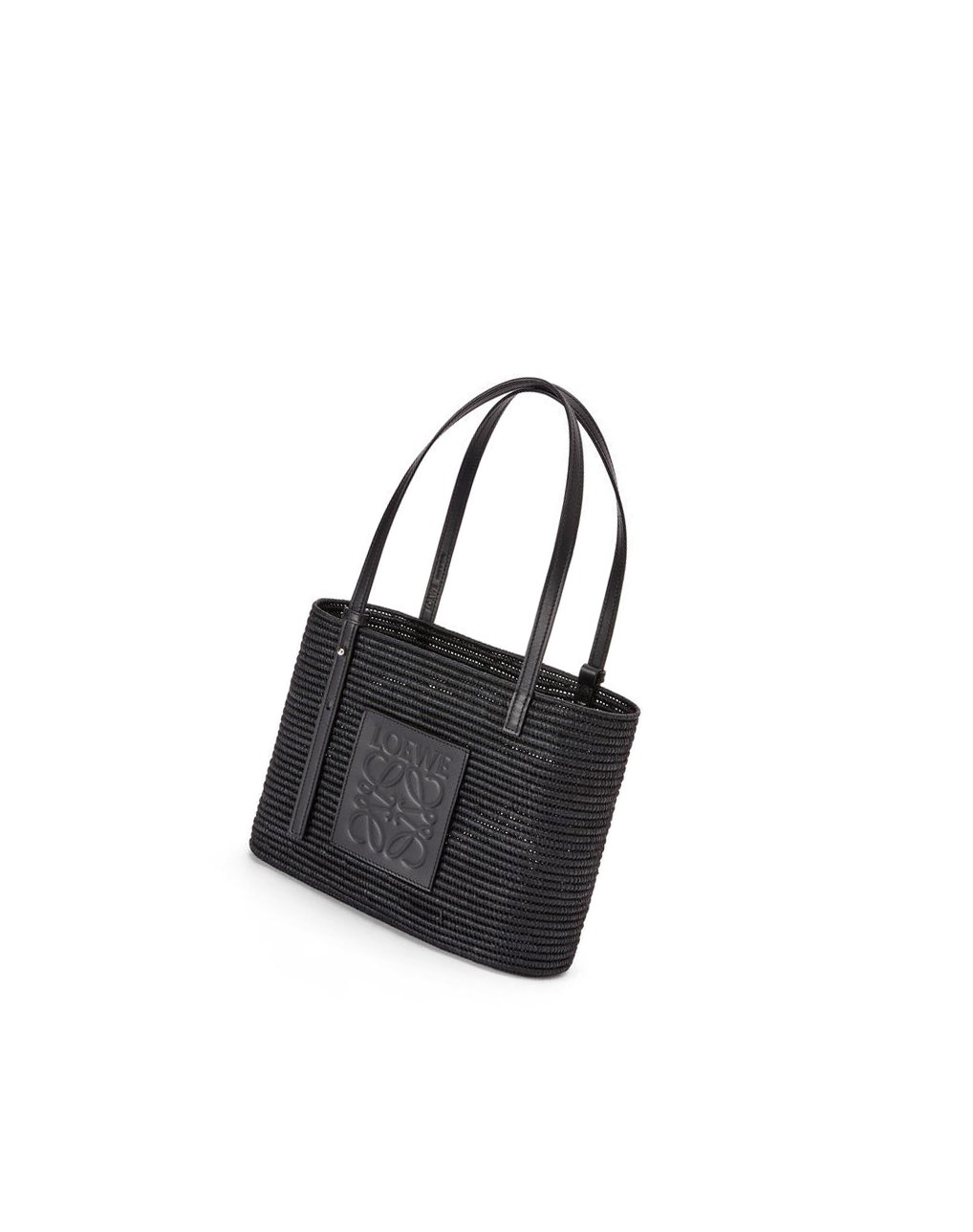 Loewe Small Square Basket in raffia and calfskin Noir Noir | 8710REQZF