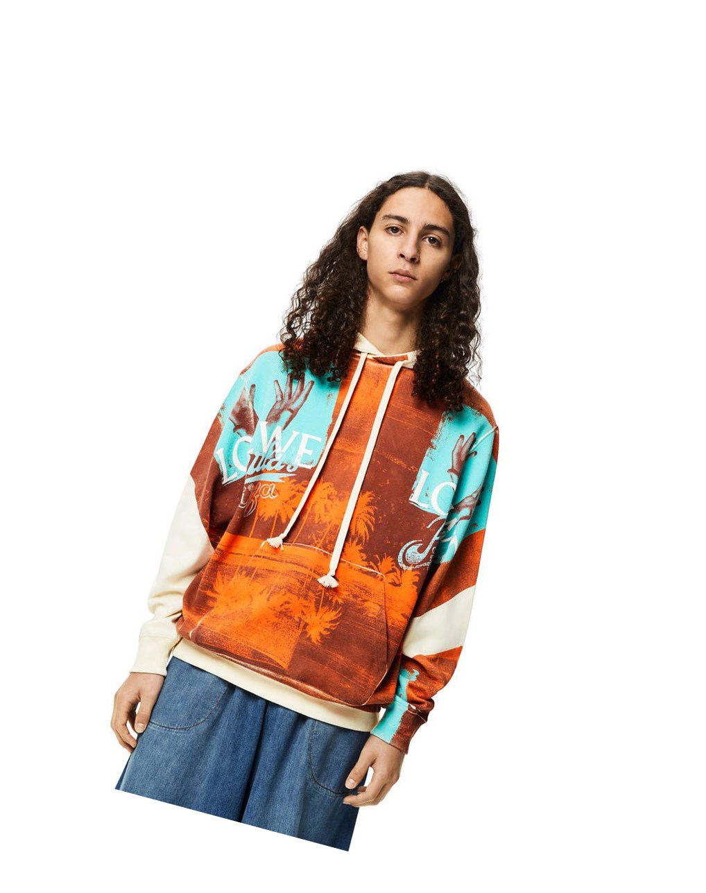 Loewe Tropical hands print hoodie in polyester Blanche Marron | 5641DGPKH