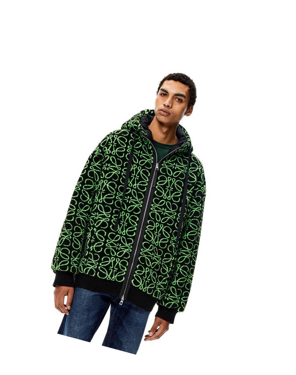 Loewe Zip-up parka in Anagram jacquard fleece Vert Noir | 4765QKITN